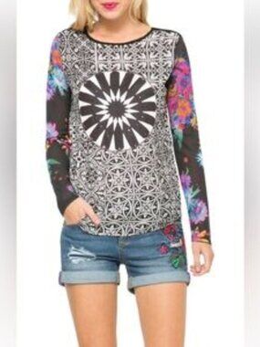 Desigual Tunic Top Blouse Sheer Sleeves Black Navy White Geometric Beaded Large